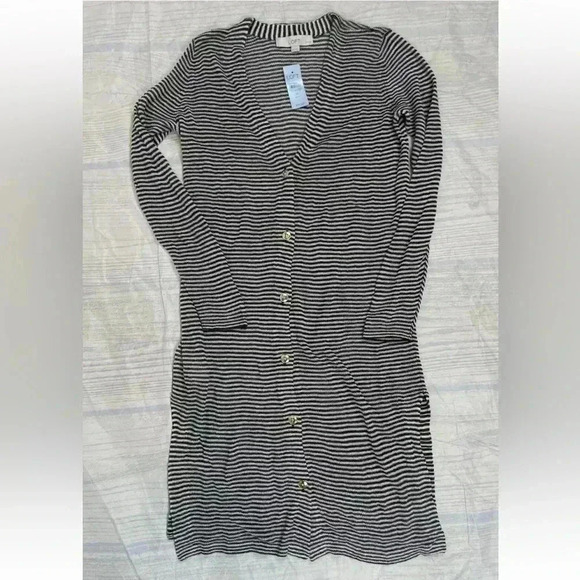 NEW LOFT Maxi Cardigan Women Size M Petite Green Striped Long Sleeve Knit Light - Picture 14 of 16